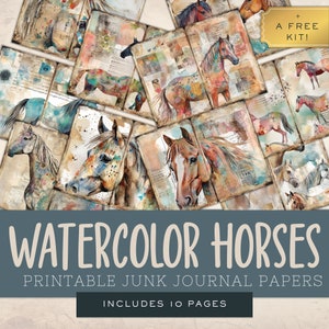 Watercolor Horse Junk Journal Papers, Horses Printable Pages, Paper Kit, Backing Papers, Animal Journal, Digital Download