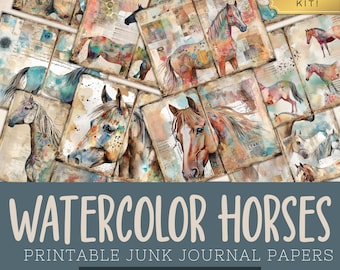 May include: A set of 10 printable watercolor horse images for junk journaling. The images feature horses in various poses and colors, with a vintage, textured background.  Includes a free kit.
