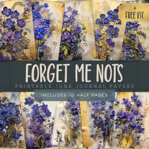 Wildflower Junk Journal Kit Pages Forget Me Nots, Colorful Whimsy Digital Art, Commercial Use, Printable Floral Pages for Scrapbooking