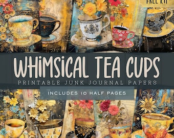 English Tea Party Junk Journal Digital Papers, Printable Shabby Chic Scrapbooking Pages Supplies, Instant Download, Whimsical Tea Cups
