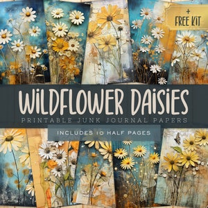 Wildflower Junk Journal Kit Pages Daisies, Colorful Whimsy Digital Art, Commercial Use, Printable Floral Pages for Scrapbooking