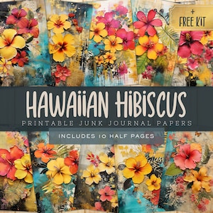 Hawaii Hibiscus Flower Junk Journal Kit Pages, Printable Journal Pages, Digital Download, Printable Floral Papers