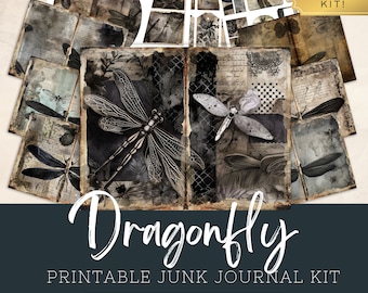Dragonfly Junk Journal Kit, Gothic Black, Ephemera Folio Template, Shabby Chic Digi Kit, Vintage Digital Pages, Scrapbooking Printable