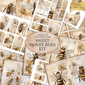 Bees Junk Journal Kit, Honey Bee, Vintage Bee, Digital Collage Sheet, Printable Junk Journal Paper, Beekeeper Papers, Beehives Ephemera Gift