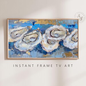 May include: A painting of oyster shells on a blue and gold background. The shells are arranged in a row, with the largest shell in the center. The painting is done in a loose, impressionistic style.
