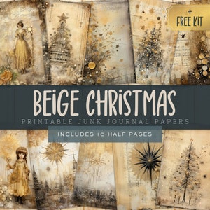 Beige kerstpagina's met ongewenste dagboeken, digitale kranten december, benodigdheden voor scrapbooking direct downloaden, commercieel gebruik