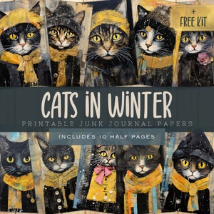Cats In Clothes Junk Journal Kit Papers, grillige afdrukbare winter Cat Papers voor scrapbooking, grappige Journal Kit, commercieel gebruik