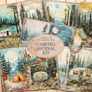 Camping Junk Journal Kit, Printable Digital Camper Trip Ephemera Folio Pages