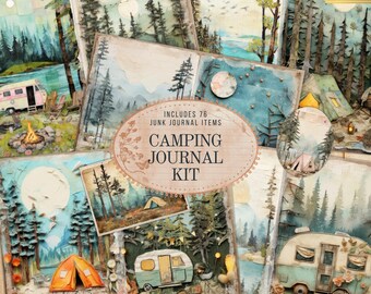 Camping Junk Journal Kit, Printable Digital Camper Trip Ephemera Folio Pages