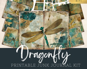 Dragonfly Junk Journal Kit, Teal and Gold, Ephemera Folio Template, Shabby Chic Digi Kit, Vintage Digital Pages Scrapbooking Printable