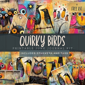 Quirky Birds Junk Journal digitale kit, afdrukbare papieren invoegen, benodigdheden voor scrapbooking, ephemera en tags Vintage Digi, Instant Download