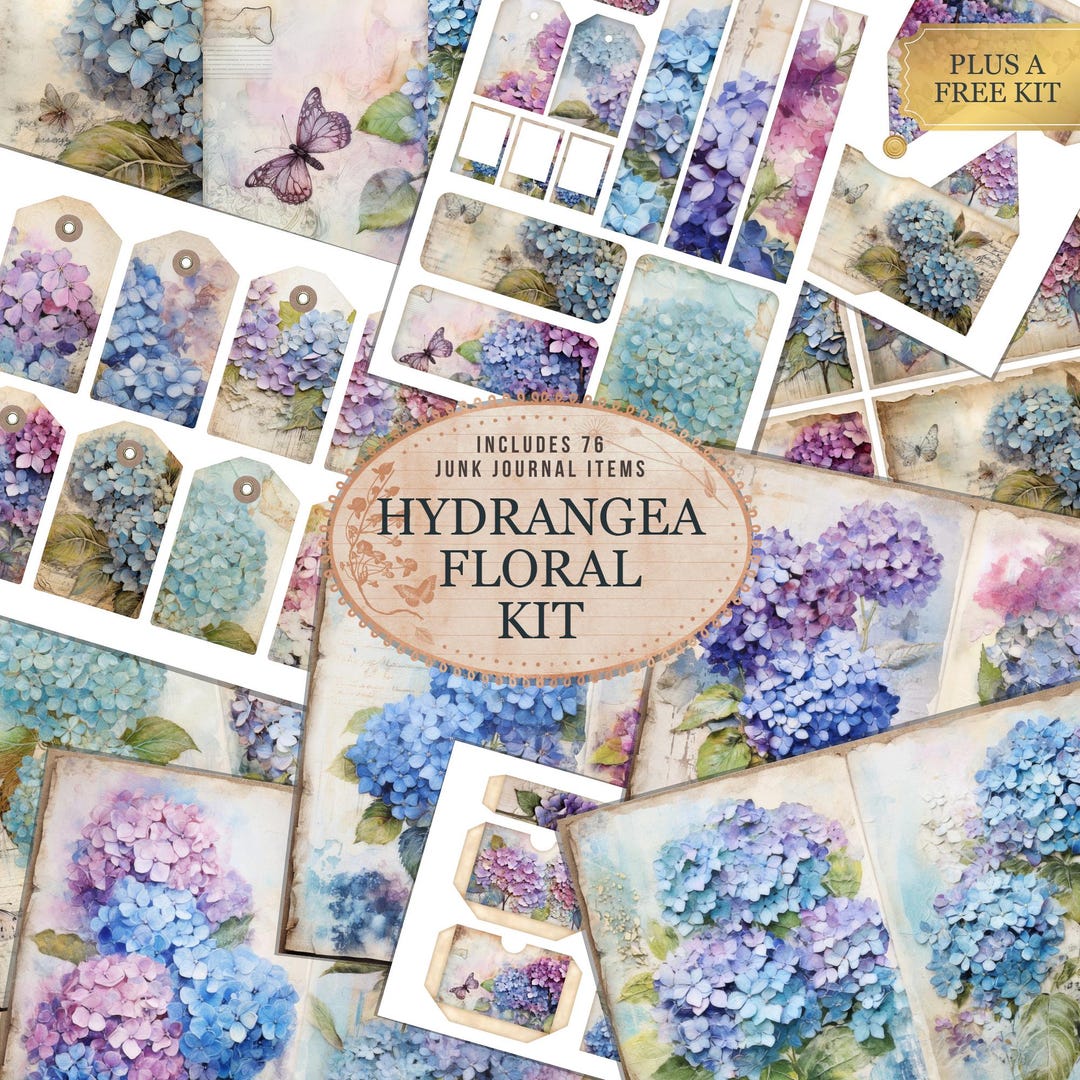 Hydrangea Junk Journal Kit, Printable Digital Garden Floral Ephemera ...