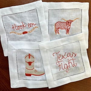 Longhorn UT Bevo Hook Em University of Texas Napkin Set | Embroidered | Linen | Hostess Gift | Coasters | College | Tailgate | Housewarming