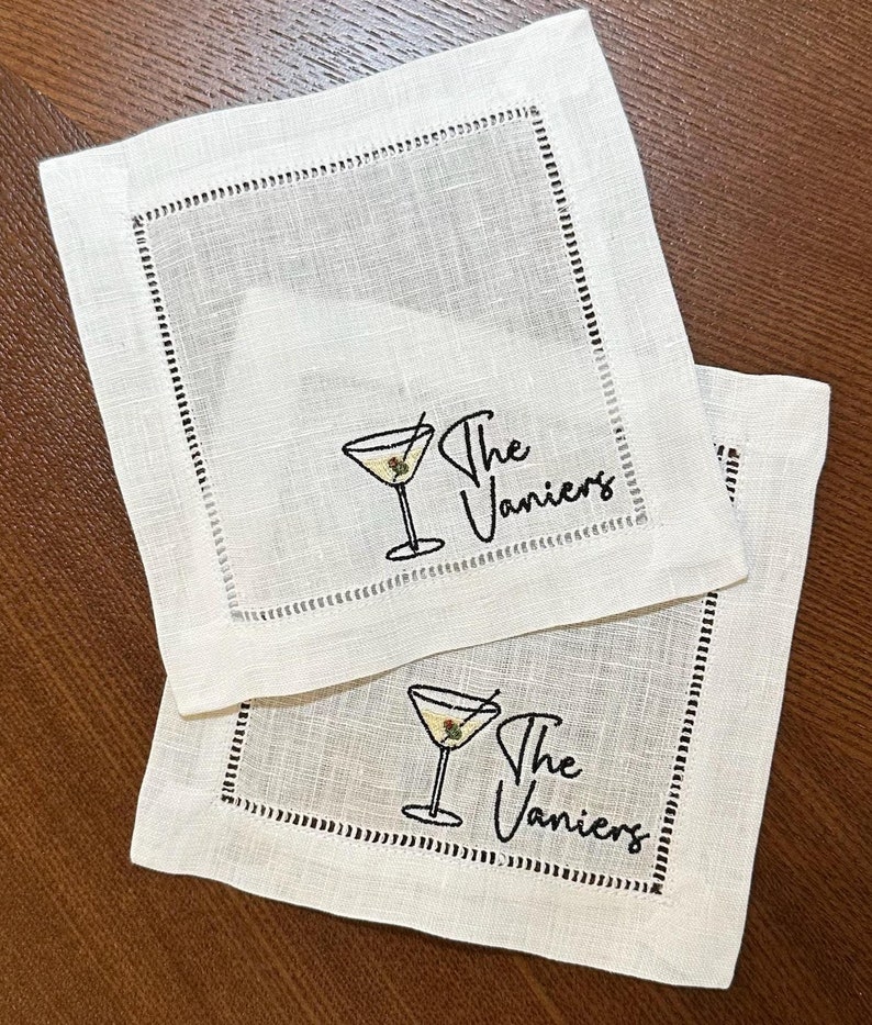 Personalized Embroidered Cocktail Napkin Set with Martini Glass | Monogram | Hostess | Coasters | Housewarming | Engagement | Wedding