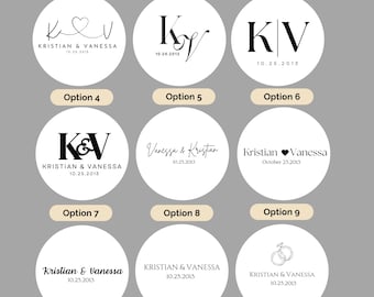 Adesivos personalizados para lembrancinhas de casamento: selos elegantes com nomes e datas