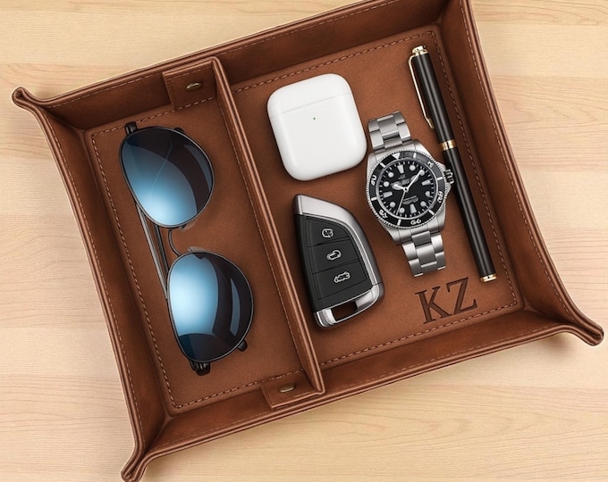 Personalized Leather Valet Tray, Engraved Nightstand Organizer, Gift for Him
