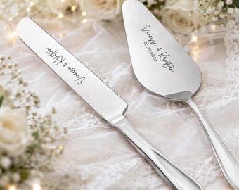 Conjunto personalizado de faca para cortar bolo de casamento em aço inoxidável com gravação (prateado)