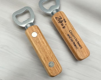 Custom Bottle Opener with Walnut Wood Handle, Engraved Gift Magnet