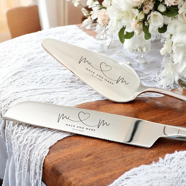 Personalized Wedding Cake Cutting Set – Engraved Stainless Steel Knife & Server