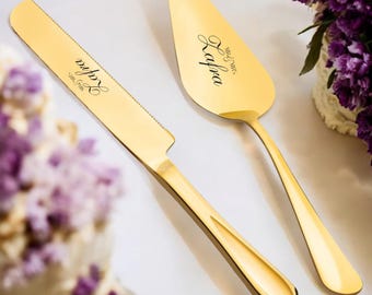 Conjunto personalizado para cortar bolo de casamento: faca e espátula em aço inoxidável gravadas.