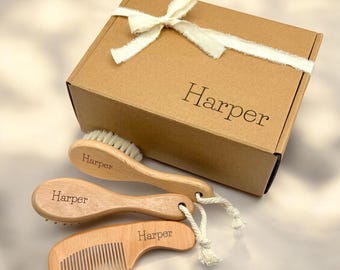 Conjunto de pentes personalizados para bebês: bambu gravado, pelo de cabra natural