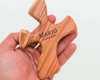 Personalized Olive Wood Clinging Cross: Custom Engraved Prayer Gift
