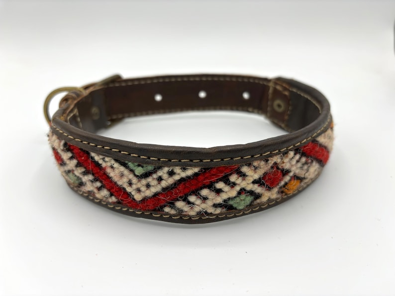 Handmade leather dog collar from Fes, Morocco with a tribal Berber pattern, boho style