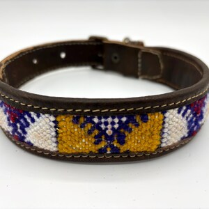 Moroccan boho dog collar in durable real leather with a handwoven Berber carpet detail