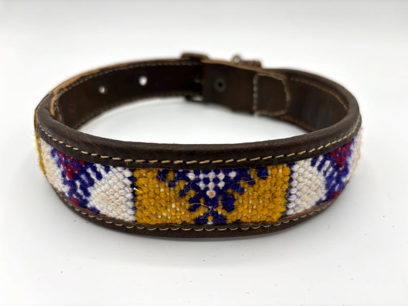 Moroccan boho dog collar in durable real leather with a handwoven Berber carpet detail