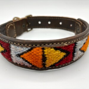 Colorful artisan dog collar handmade in Morocco - boho leather with Berber carpet accent