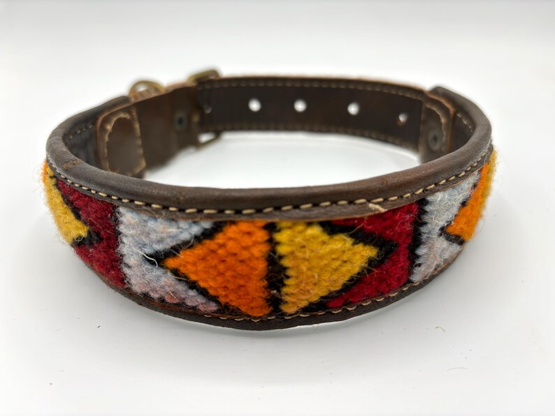 Colorful artisan dog collar handmade in Morocco - boho leather with Berber carpet accent
