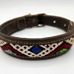 Artisan Moroccan boho dog collar in real leather with a vibrant Berber carpet design