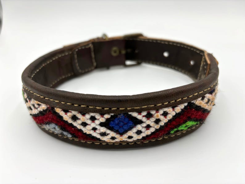 Artisan Moroccan boho dog collar in real leather with a vibrant Berber carpet design