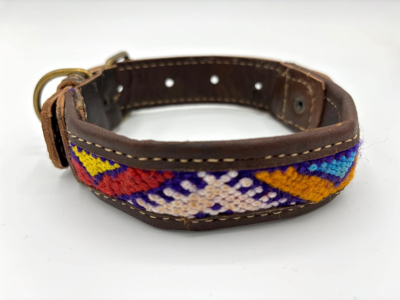Unique Moroccan boho dog collar - real leather and authentic handwoven Berber carpet