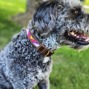 Colorful bohemian dog collar handcrafted in Morocco from genuine leather and Berber textile