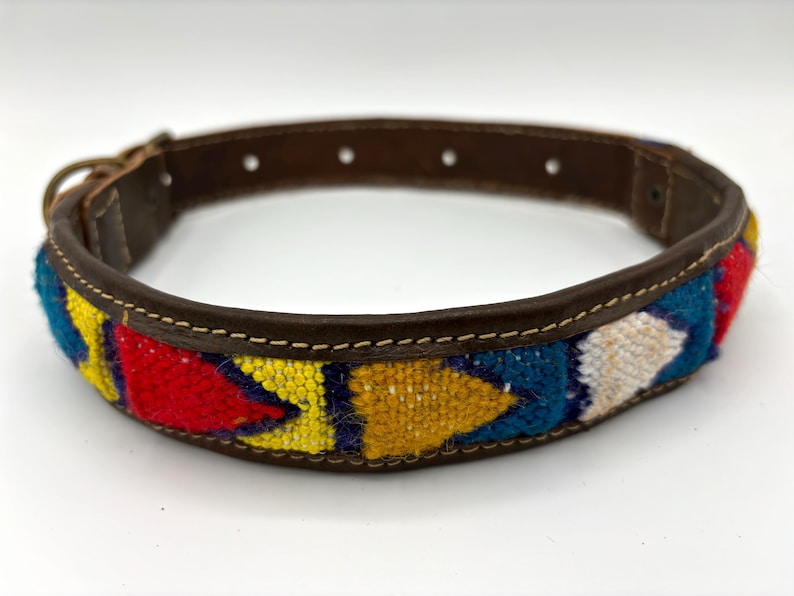 Handmade Moroccan leather dog collar, boho style with authentic Berber carpet