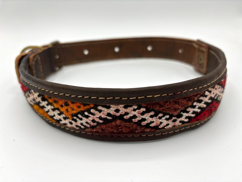 Bohemian handmade dog collar with a one-of-a-kind Moroccan Berber design on leather