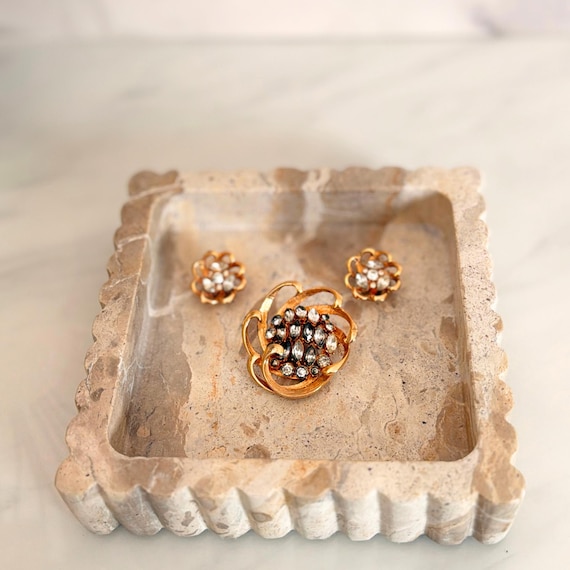 Vintage BSK Brooch Earrings Set Gold Tone Rhinest… - image 1