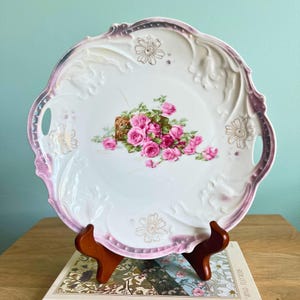 Antique Pink Rose Porcelain Plate with Handles, Victorian Floral Display Plate, Collectible Plates for Wall, Cottage Wall Decor