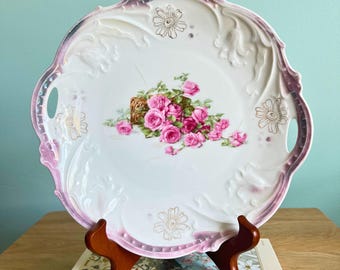 Antique Pink Rose Porcelain Plate with Handles, Victorian Floral Display Plate, Collectible Plates for Wall, Cottage Wall Decor