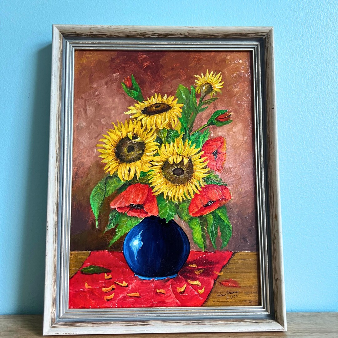 Original Sunflower Oil Painting | Vibrant Floral Still Life in Frame ...