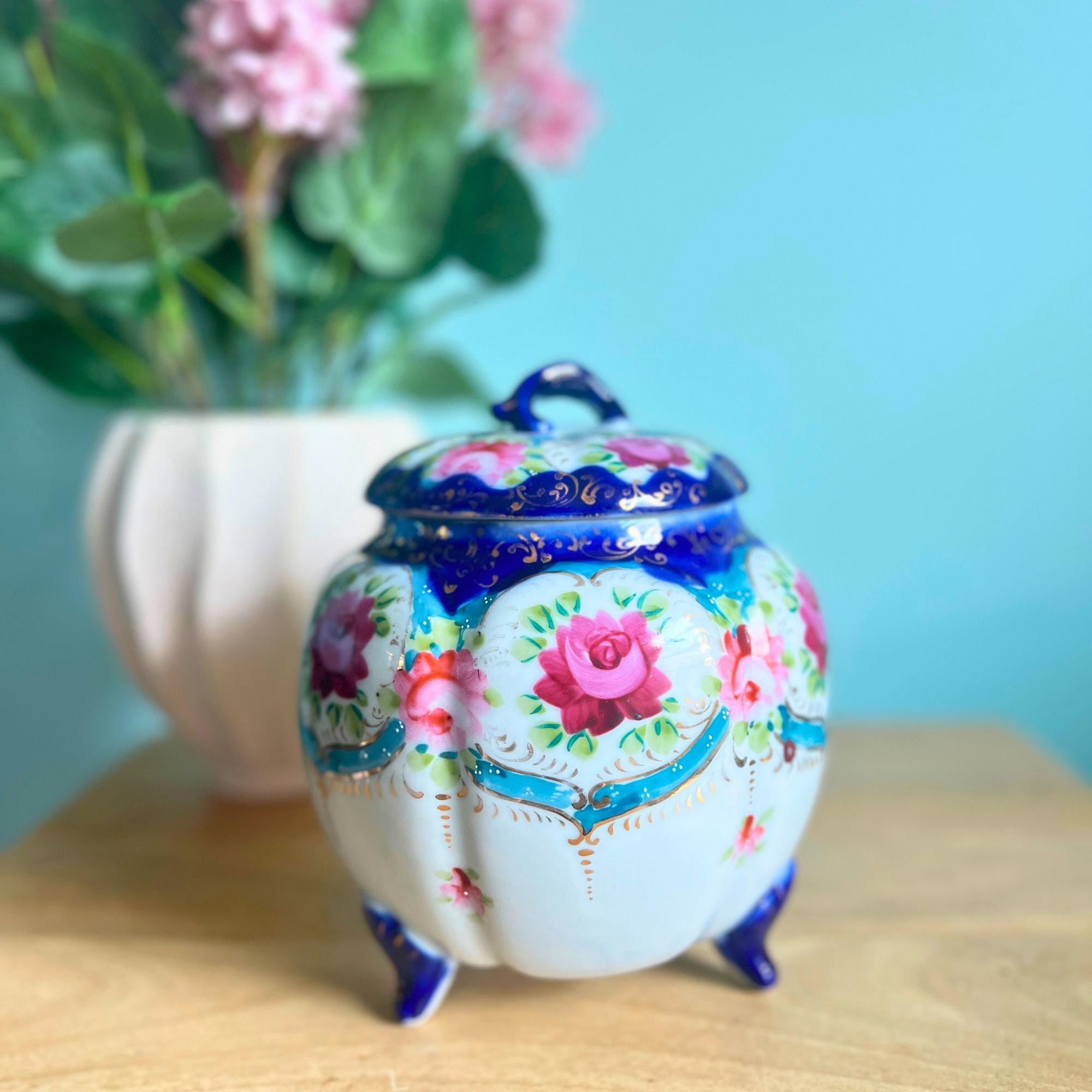 Vintage Biscuit Jar Blue Porcelain - Etsy