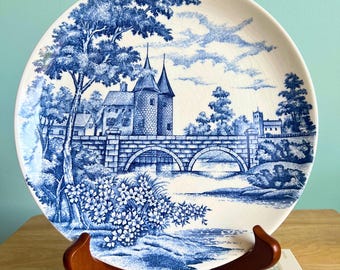 Vintage Japanese Blue and White Transferware Plate, Castle & Bridge Scenic Design, Collectible Decorative Plates, Gifts for Vintage Lovers