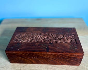 Vintage Hand-Carved Wooden Jewelry Box, Floral Inlay Keepsake Box, Boho Trinket Storage