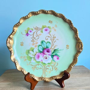 Antique Limoges France Hand Painted 10” Plate, Pink Roses with Gold Gilt, Collectible French Porcelain