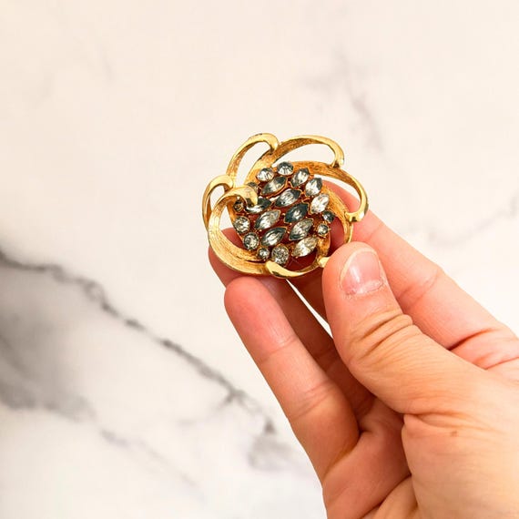 Vintage BSK Brooch Earrings Set Gold Tone Rhinest… - image 3