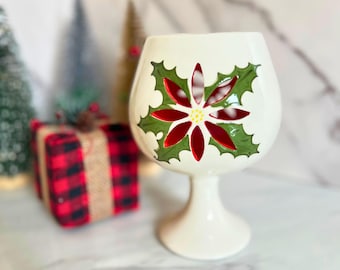 Vintage Ceramic Poinsettia Candle Holder – Red Green Christmas Pedestal Votive Decor
