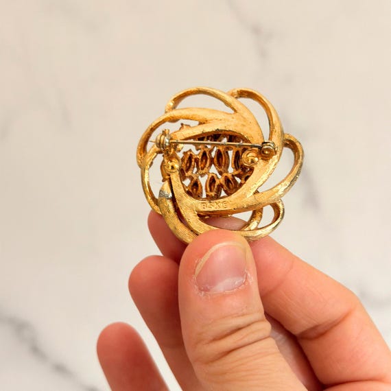 Vintage BSK Brooch Earrings Set Gold Tone Rhinest… - image 4