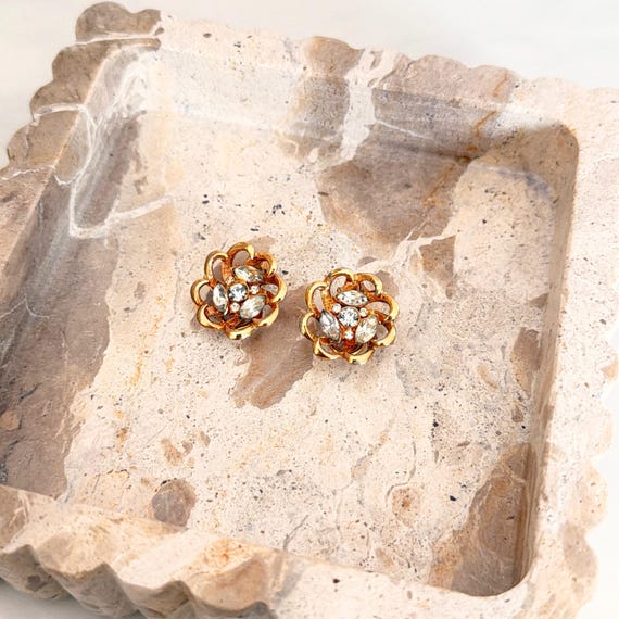 Vintage BSK Brooch Earrings Set Gold Tone Rhinest… - image 5