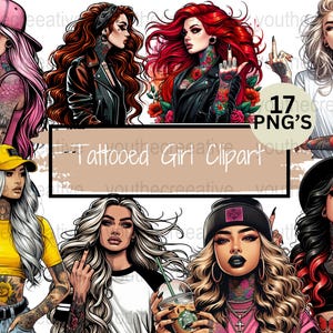 Paquete de imágenes prediseñadas de chicas tatuadas, descarga digital PNG de chicas tatuadas, chica atrevida con tatuajes, descarga instantánea de imágenes prediseñadas digitales, jefa